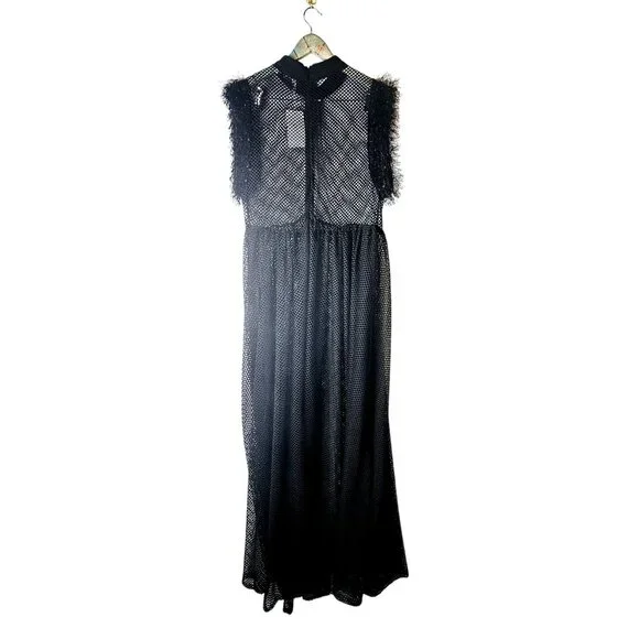 Posh Shoppe Sheer Feather Sleeve High Neck Full Mesh Black Dress,  1X, NWT - Picture 6 of 11